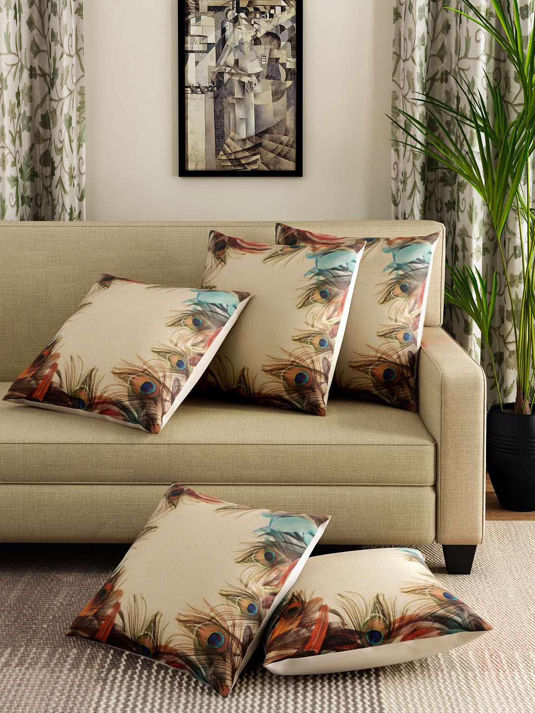 ROMEE Beige Set of 5 Ethnic Motifs Square Cushion Covers Price in India