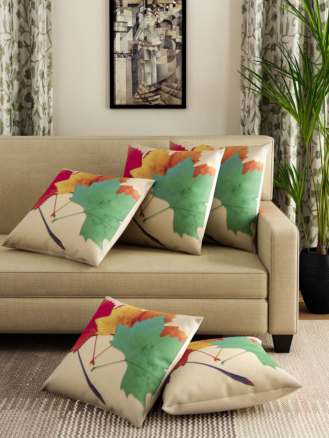 ROMEE Multicoloured Set of 5 Floral Square Cushion Covers Price in India