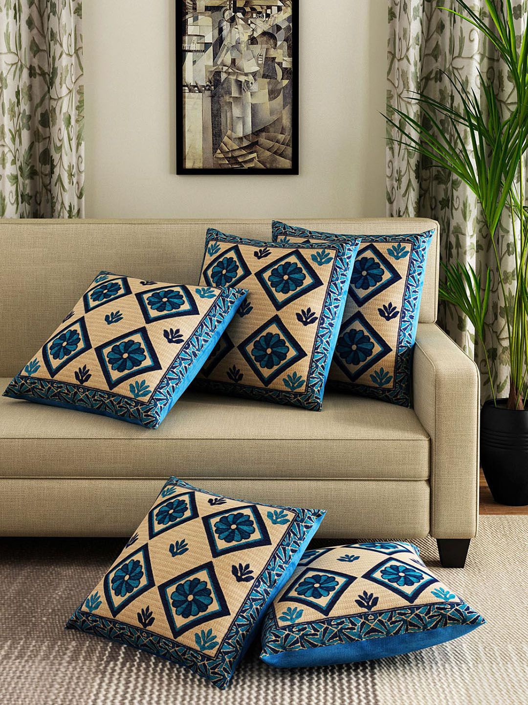 ROMEE Turquoise Blue Set of 5 Ethnic Motifs Square Cushion Covers Price in India