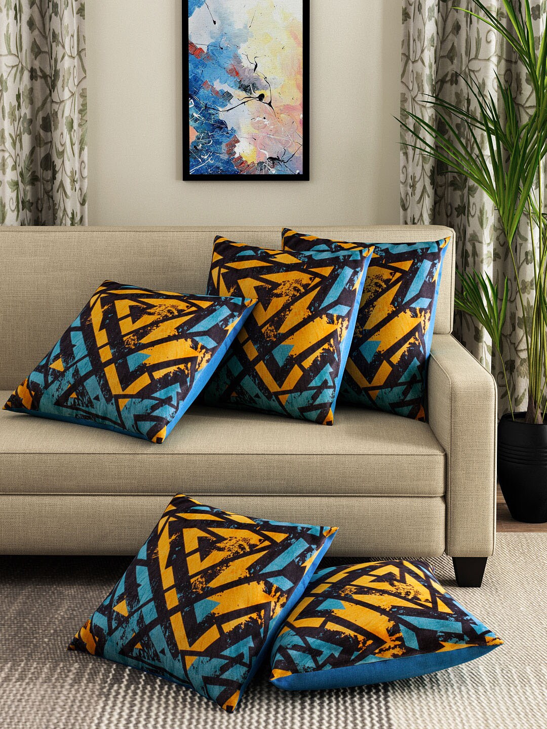 ROMEE Yellow Set of 5 Geometric Square Cushion Covers Price in India