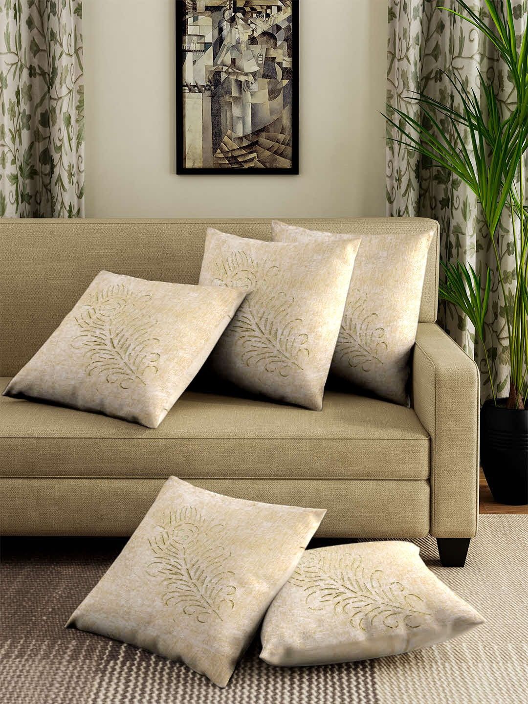 ROMEE Beige Set of 5 Floral Square Cushion Covers Price in India