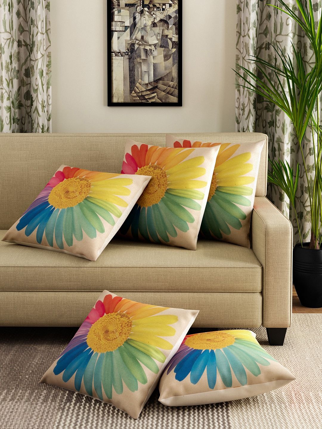 ROMEE Multicoloured Set of 5 Floral Square Cushion Covers Price in India