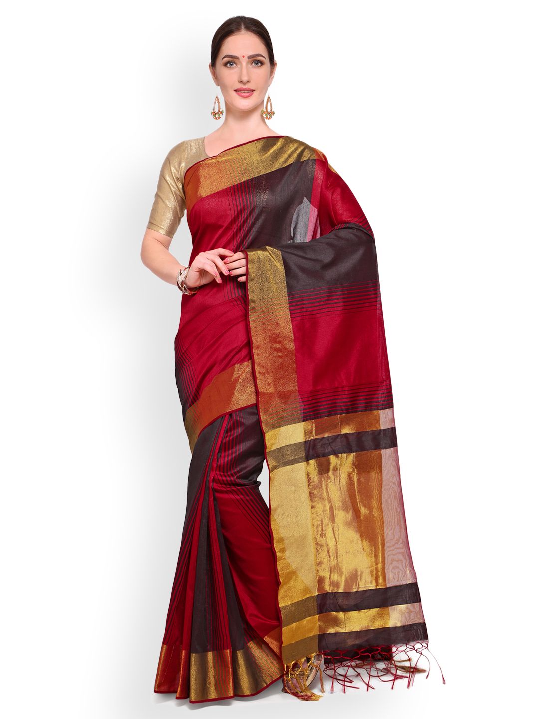 Saree mall Red & Brown Silk Blend Striped Banarasi Saree Price in India