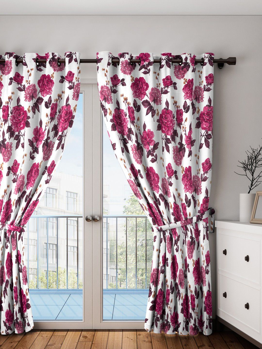SWAYAM Off-White & Pink Printed Black Out Door Curtains Price in India