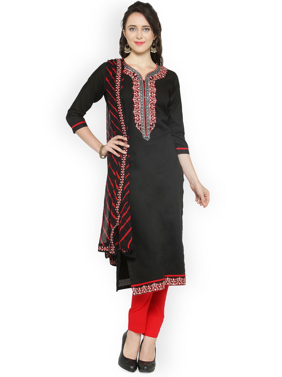 Kvsfab Black & Red Pure Cotton Embroidered Unstitched Dress Material Price in India