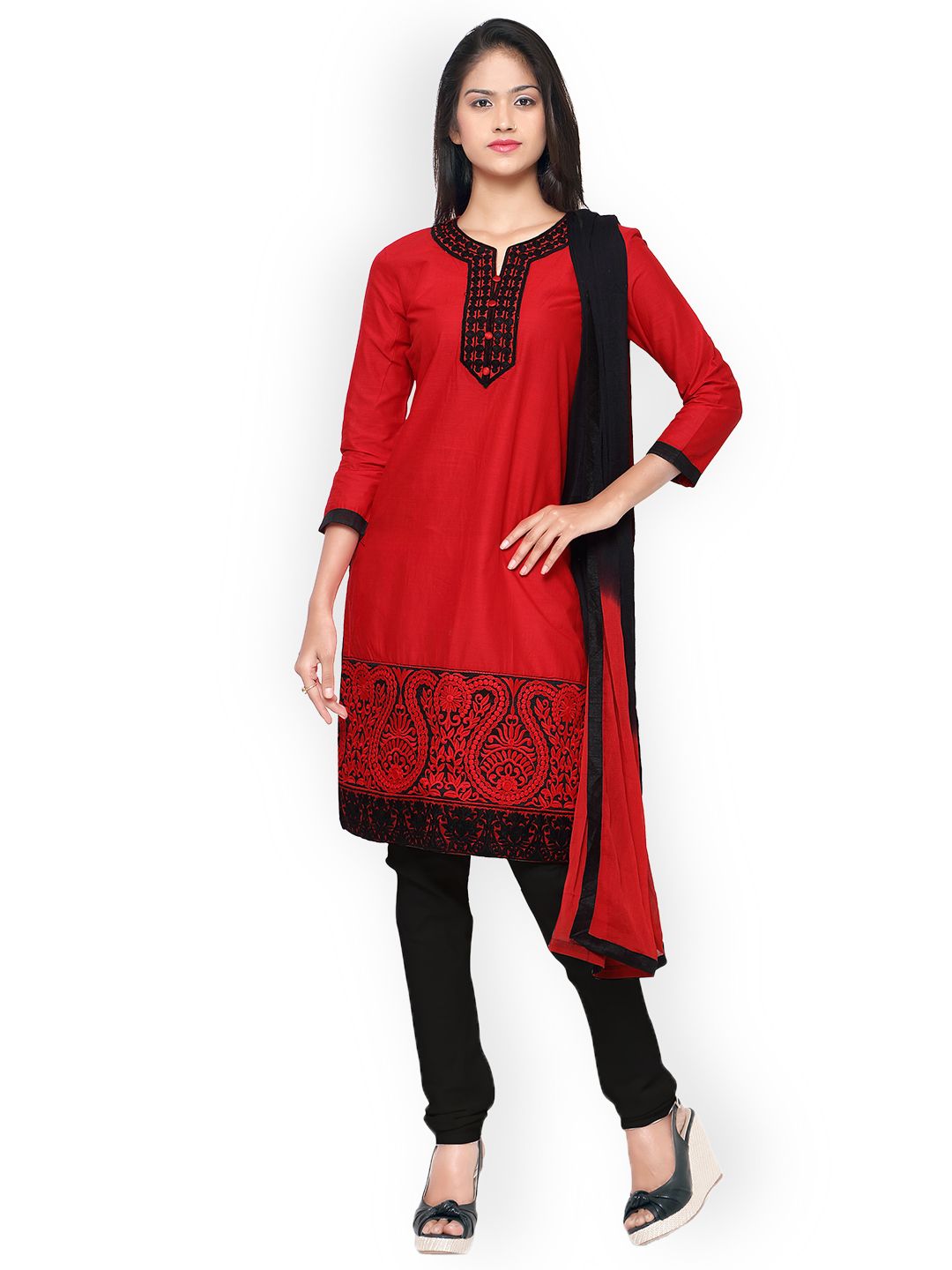 Kvsfab Red & Black Pure Cotton Embroidered Unstitched Dress Material Price in India
