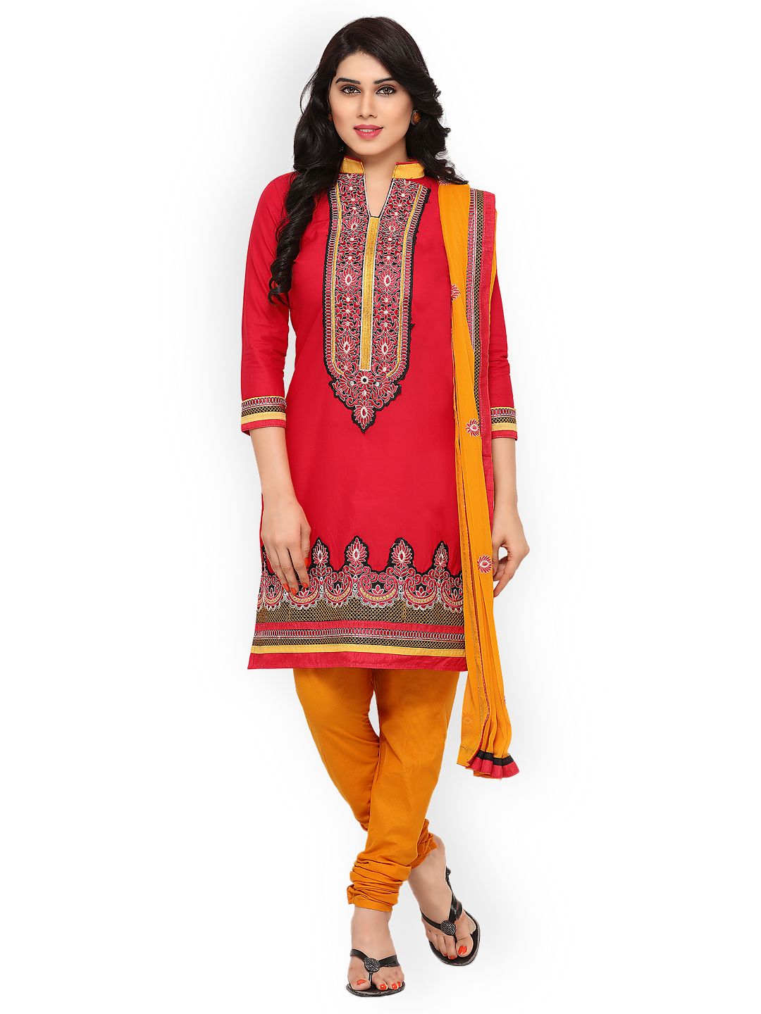 Kvsfab Coral Red & Mustard Yellow Pure Cotton Embroidered Unstitched Dress Material Price in India