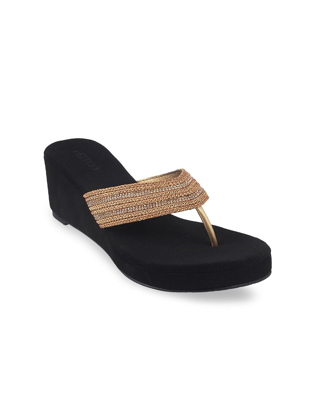 Metro Women Gold-Toned & Black Embellished Wedges Price in India