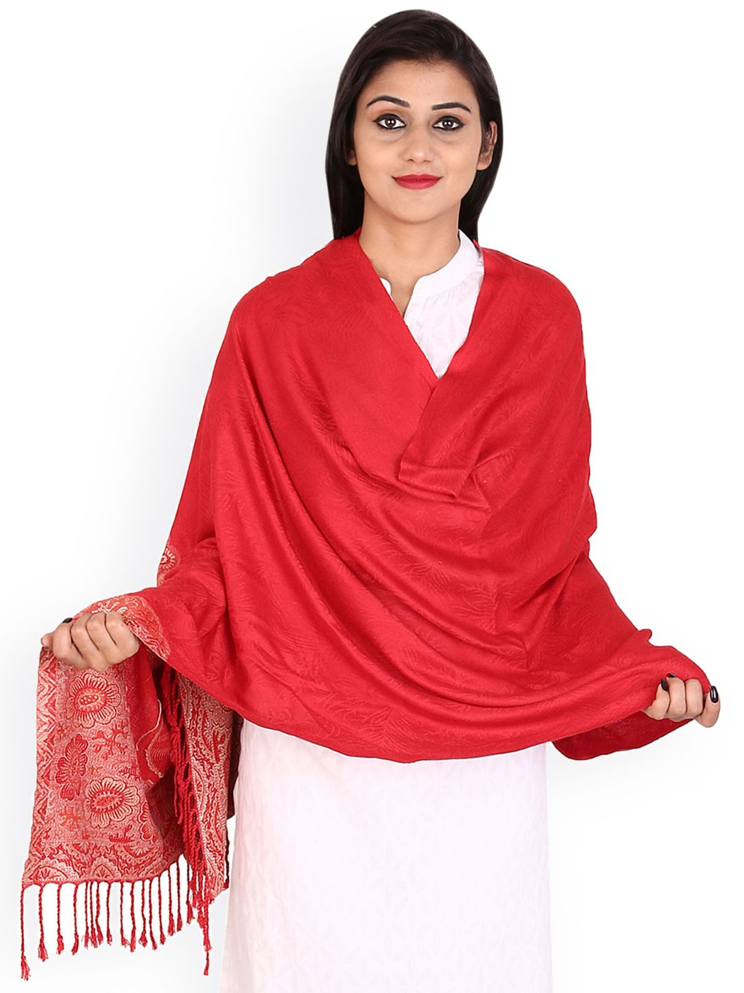 Anekaant Red & Off-White Woven Design Jacquard Shawl Price in India