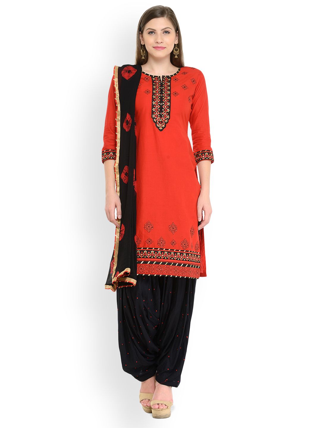 Kvsfab Red & Black Pure Cotton Unstitched Dress Material Price in India