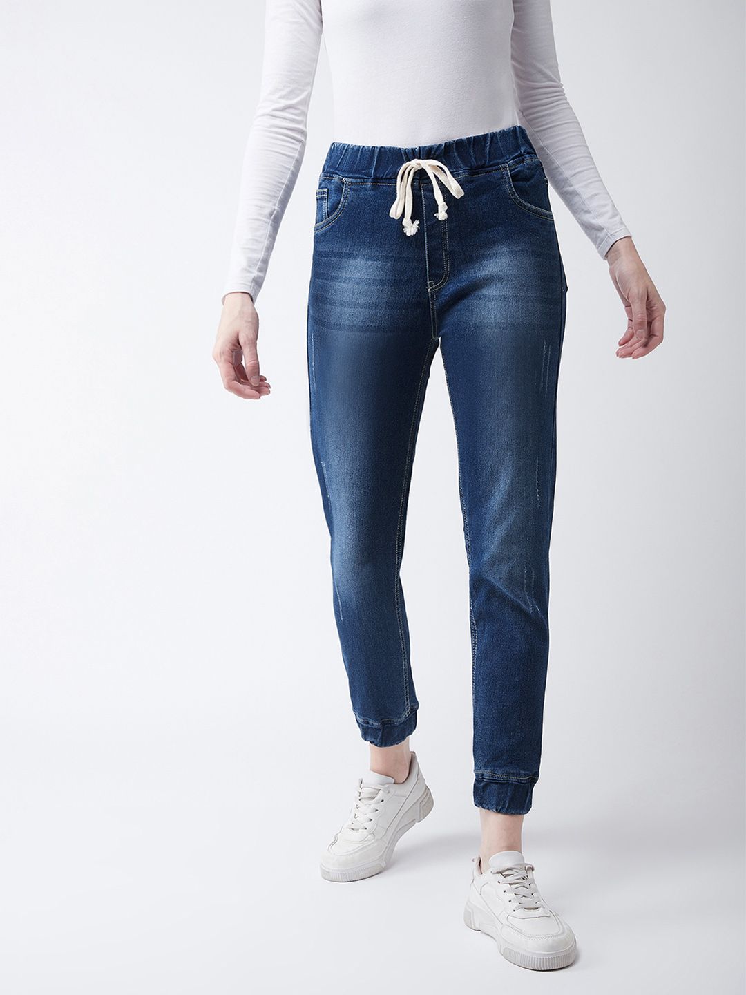 Miss Chase Women Navy Blue Denim Regular Fit Solid Joggers Price in India