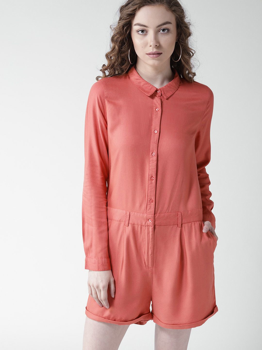 Mast & Harbour Coral Pink Solid Playsuit Price in India