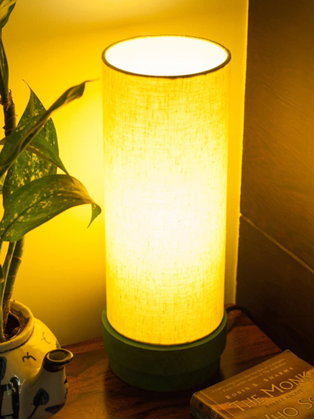 ExclusiveLane Cream-Coloured & Green Wooden Column Table Lamp With Shade Price in India