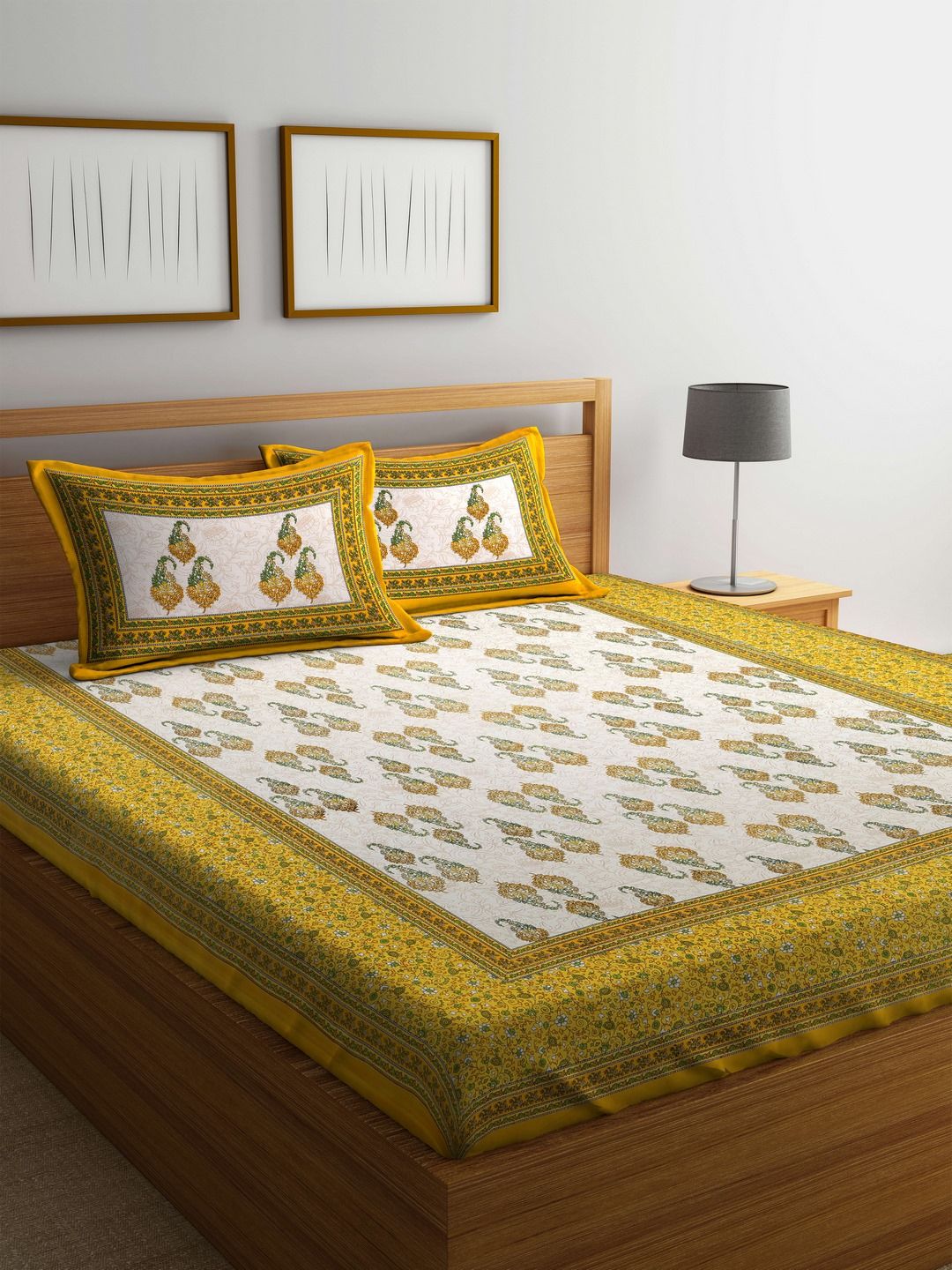 Rajasthan Decor Off-White & Yellow Abstract Flat 144 TC Cotton 1 King Bedsheet with 2 Pillow Covers Price in India