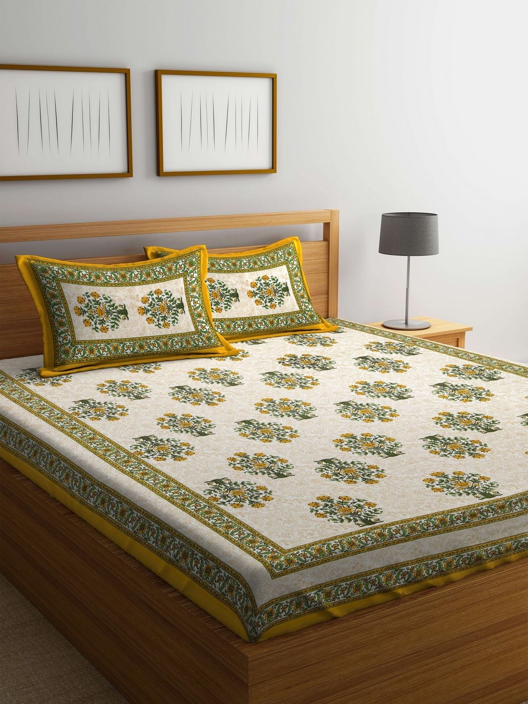 Rajasthan Decor Off-White & Green Floral Flat 144 TC Cotton 1 King Bedsheet with 2 Pillow Covers Price in India
