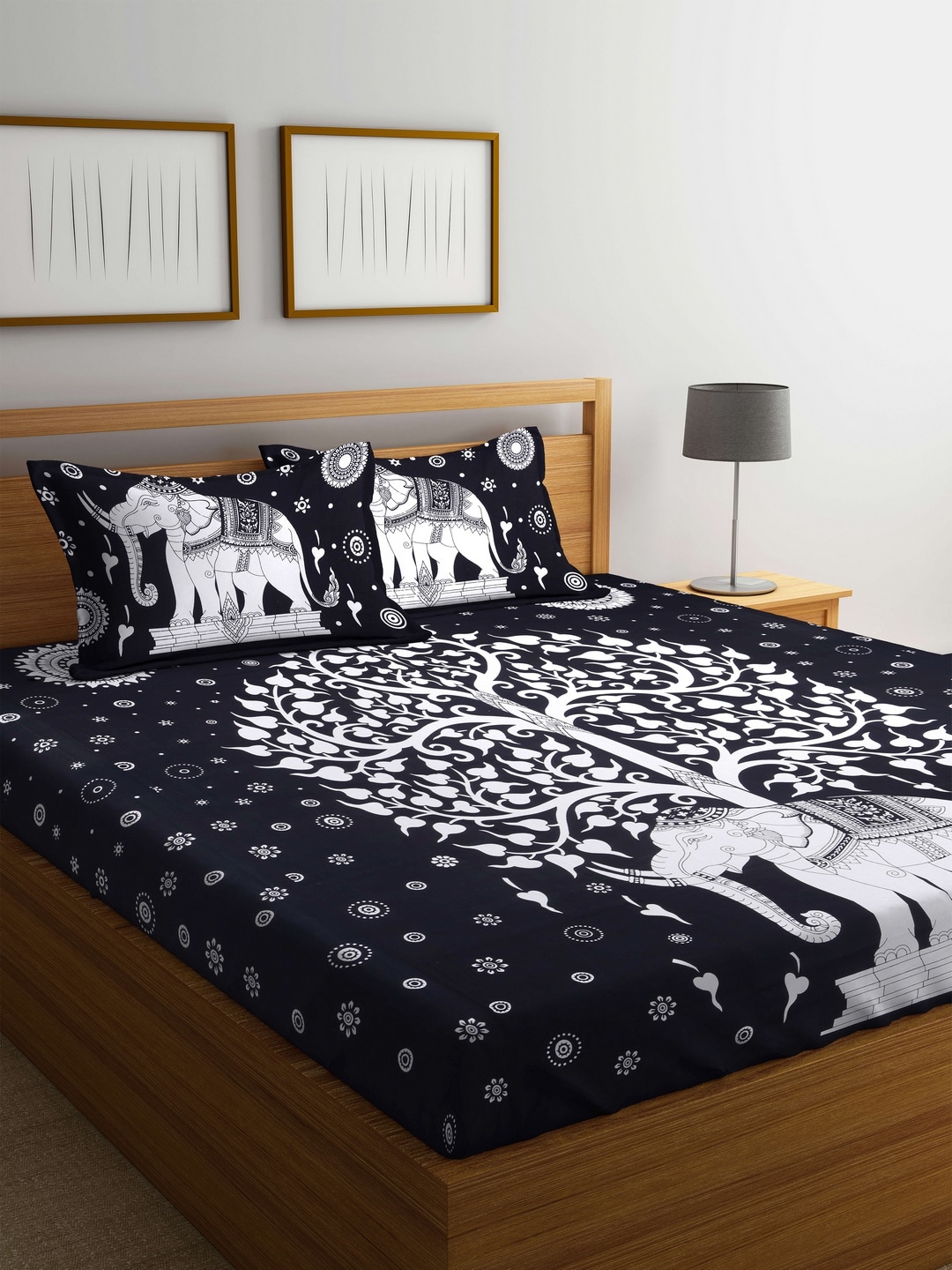 Rajasthan Decor Black & White Abstract Flat 144 TC Cotton 1 King Bedsheet with 2 Pillow Covers Price in India