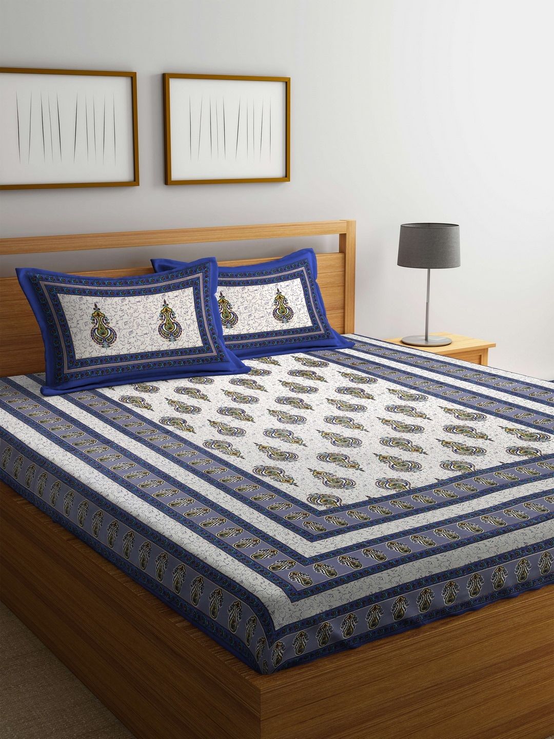 Rajasthan Decor White & Blue Ethnic Motifs Flat 144 TC Cotton 1 King Bedsheet with 2 Pillow Covers Price in India