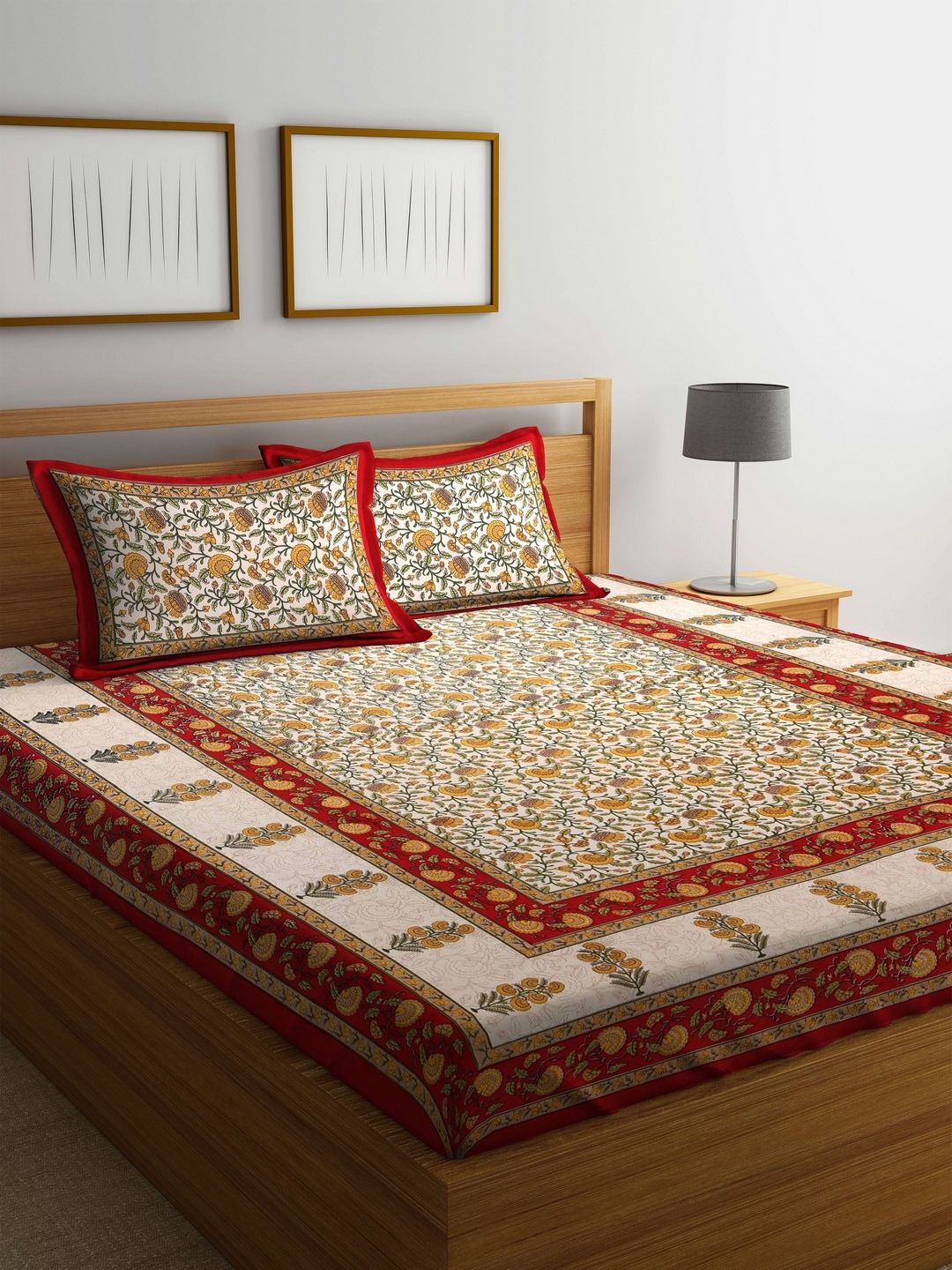 Rajasthan Decor Off-White & Red Floral Flat 144 TC Cotton 1 King Bedsheet with 2 Pillow Covers Price in India