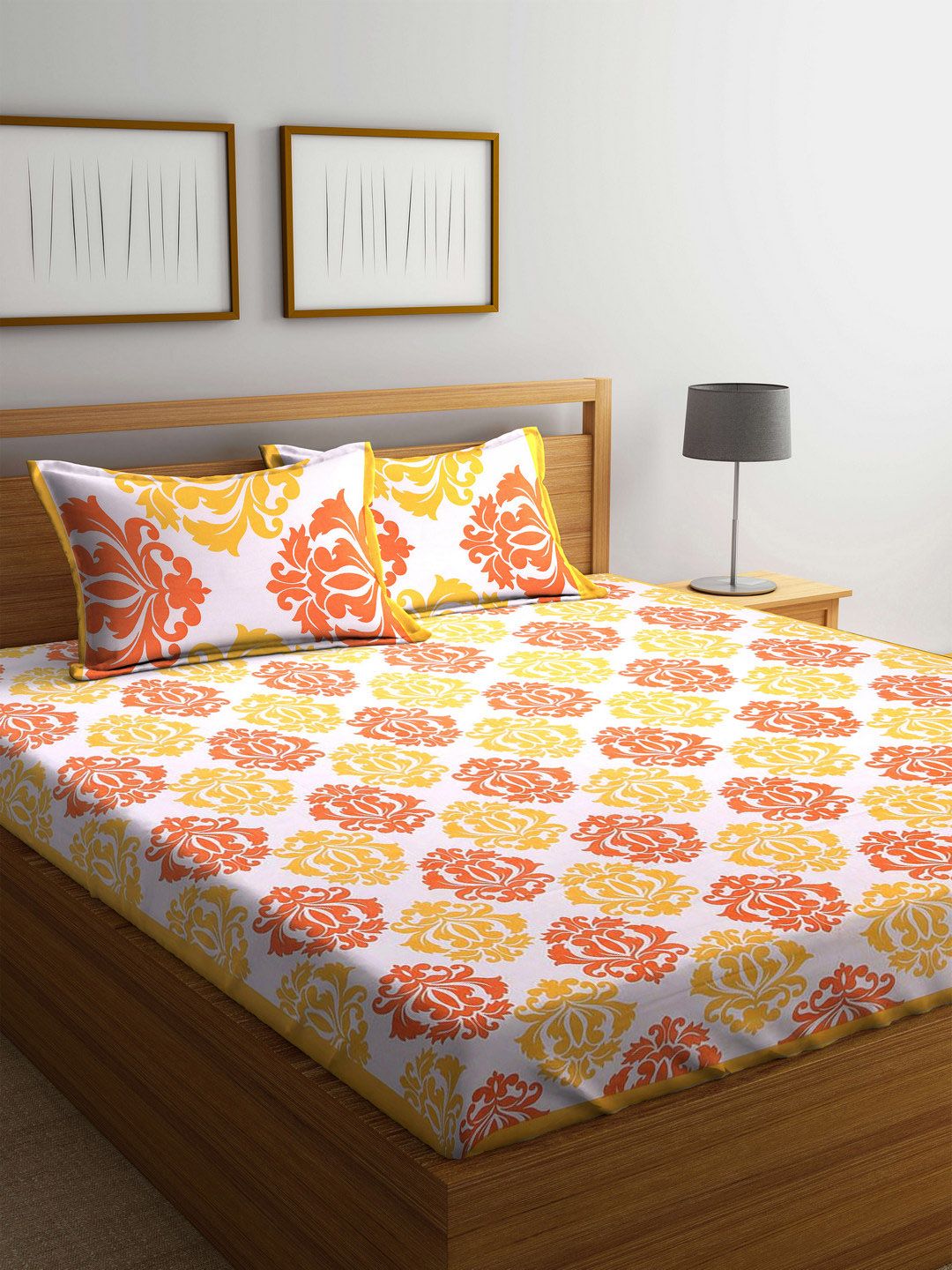 Rajasthan Decor White & Yellow Floral Flat 144 TC Cotton 1 King Bedsheet with 2 Pillow Covers Price in India