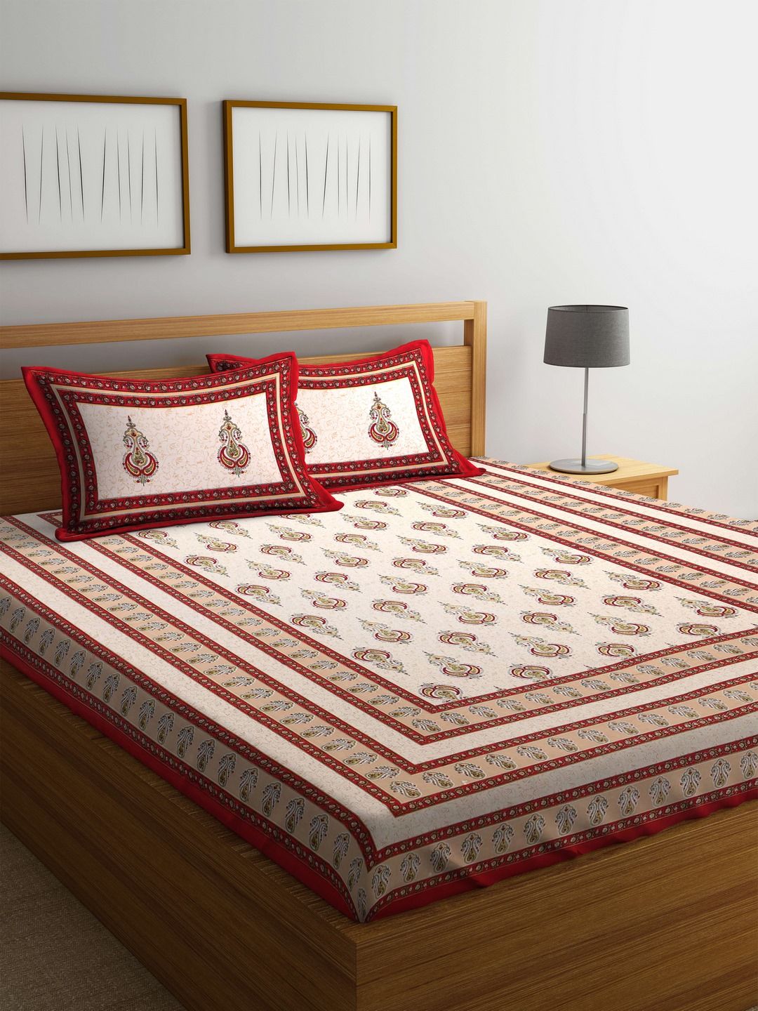 Rajasthan Decor Cream-Coloured & Red Abstract Flat 144 TC Cotton 1 King Bedsheet with 2 Pillow Covers Price in India