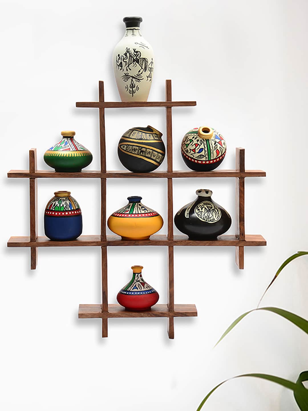 ExclusiveLane Set of 8 Handcrafted Terracotta Warli Handpainted Pots & Wooden Wall Frame Price in India