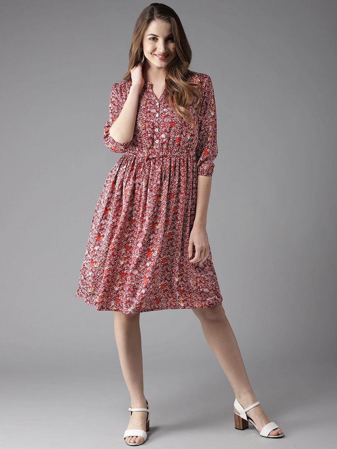 HERE&NOW Women Maroon Floral Printed Fit & Flare Dress Price in India