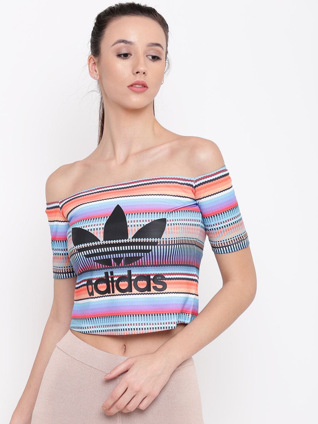 Buy ADIDAS Originals Multicoloured Off Shoulder Striped Crop Top