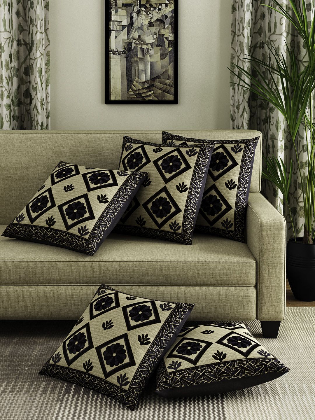 ROMEE Black Set of 5 Ethnic Motifs  Square Cushion Covers Price in India