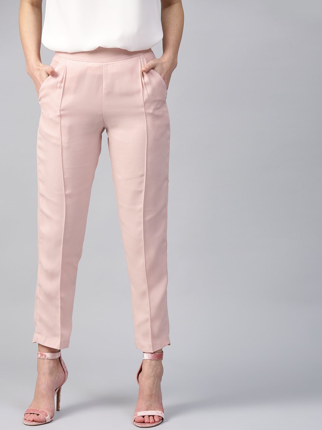 SASSAFRAS Women Pink Regular Fit Solid Cigarette Trousers Price in India