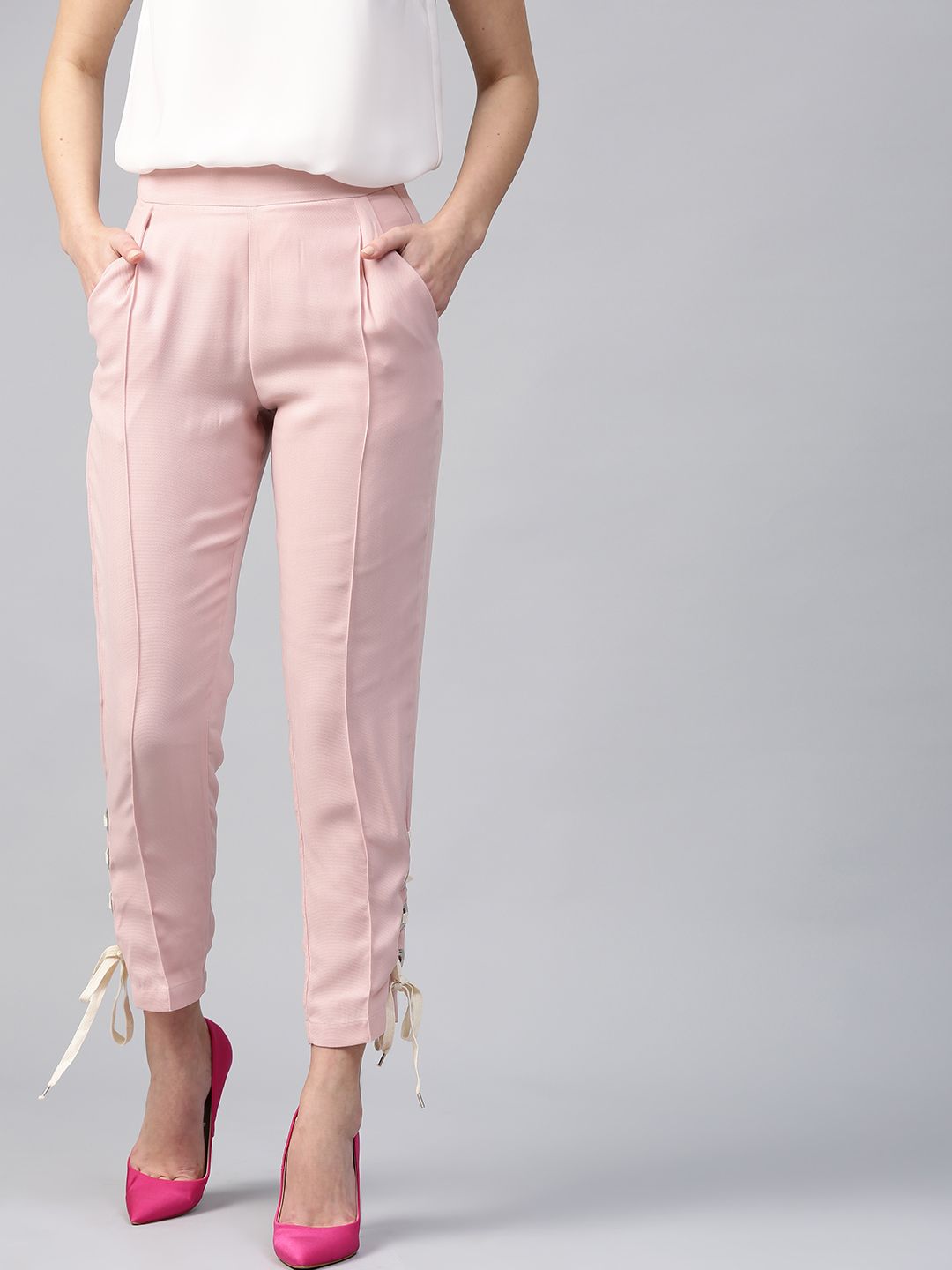 SASSAFRAS Women Pink Regular Fit Solid Trousers Price in India