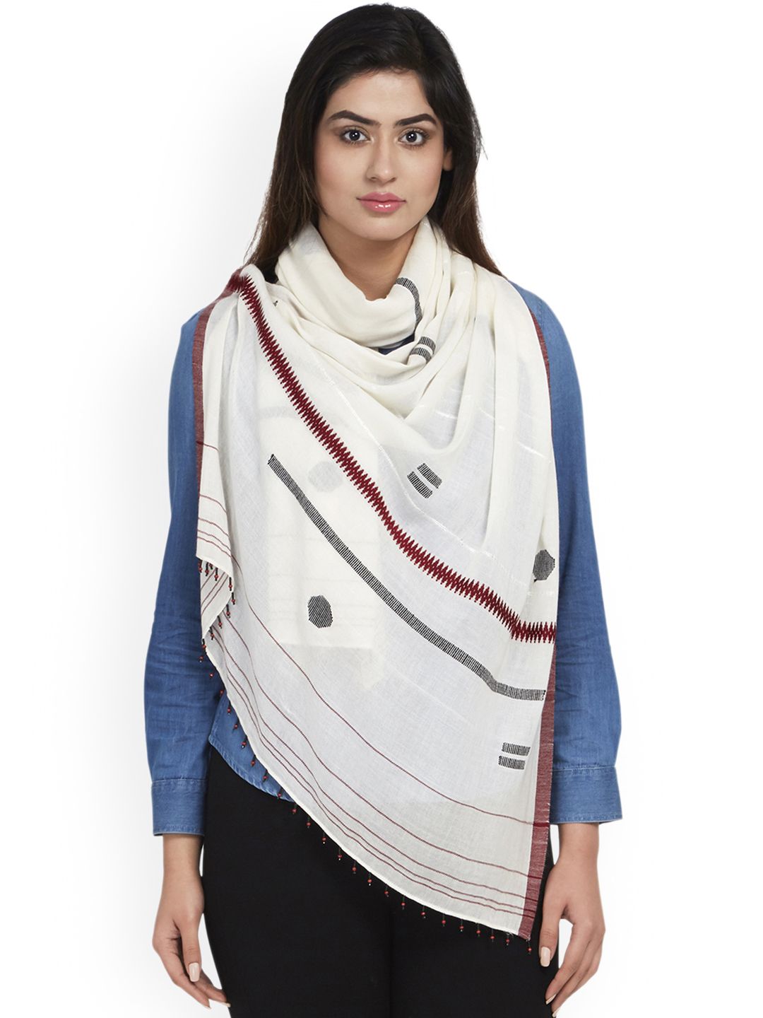 SHINGORA Women Off-White & Black Striped Stole Price in India