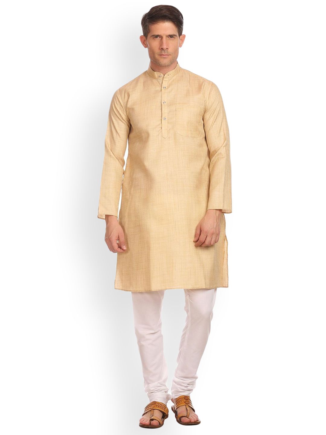 Wintage Men Beige Woven Design Straight Kurta