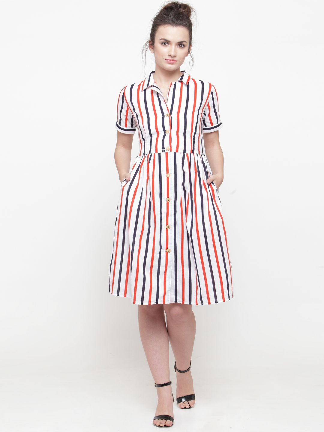 plusS Women White & Red Striped Shirt Dress Price in India