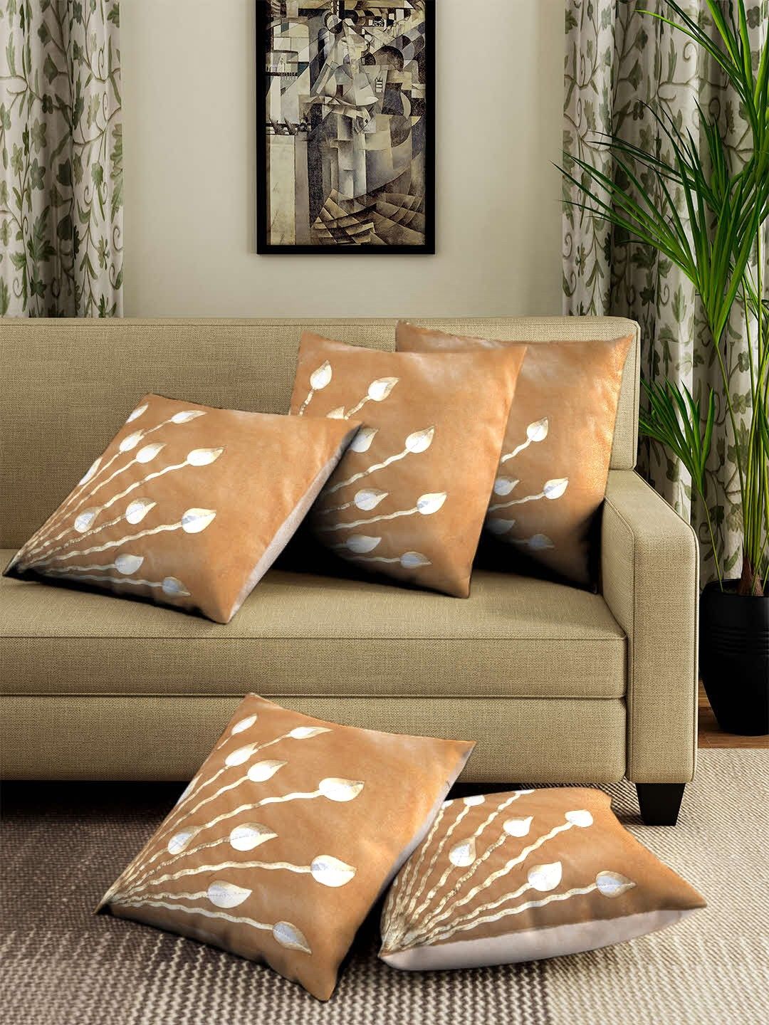 ROMEE Beige Set of 5 Floral Square Cushion Covers Price in India