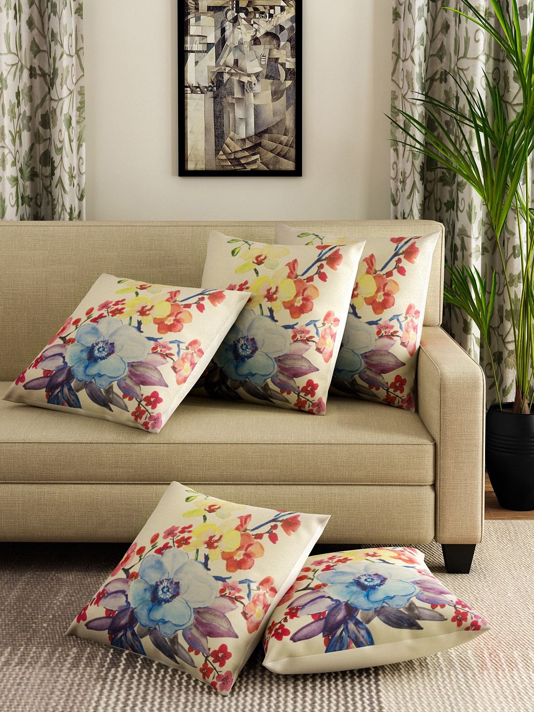 ROMEE Multicoloured Set of 5 Floral Square Cushion Covers Price in India