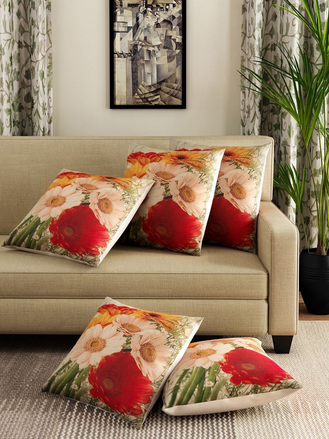 ROMEE Multicoloured Set of 5 Floral Square Cushion Covers Price in India