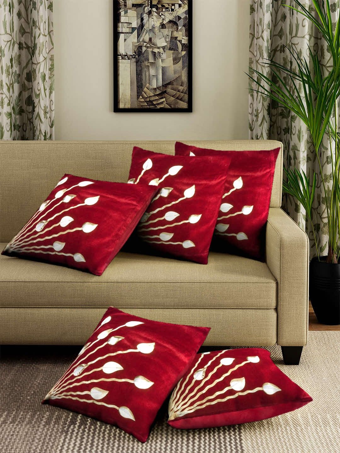 ROMEE Red Set of 5 Floral Square Cushion Covers Price in India
