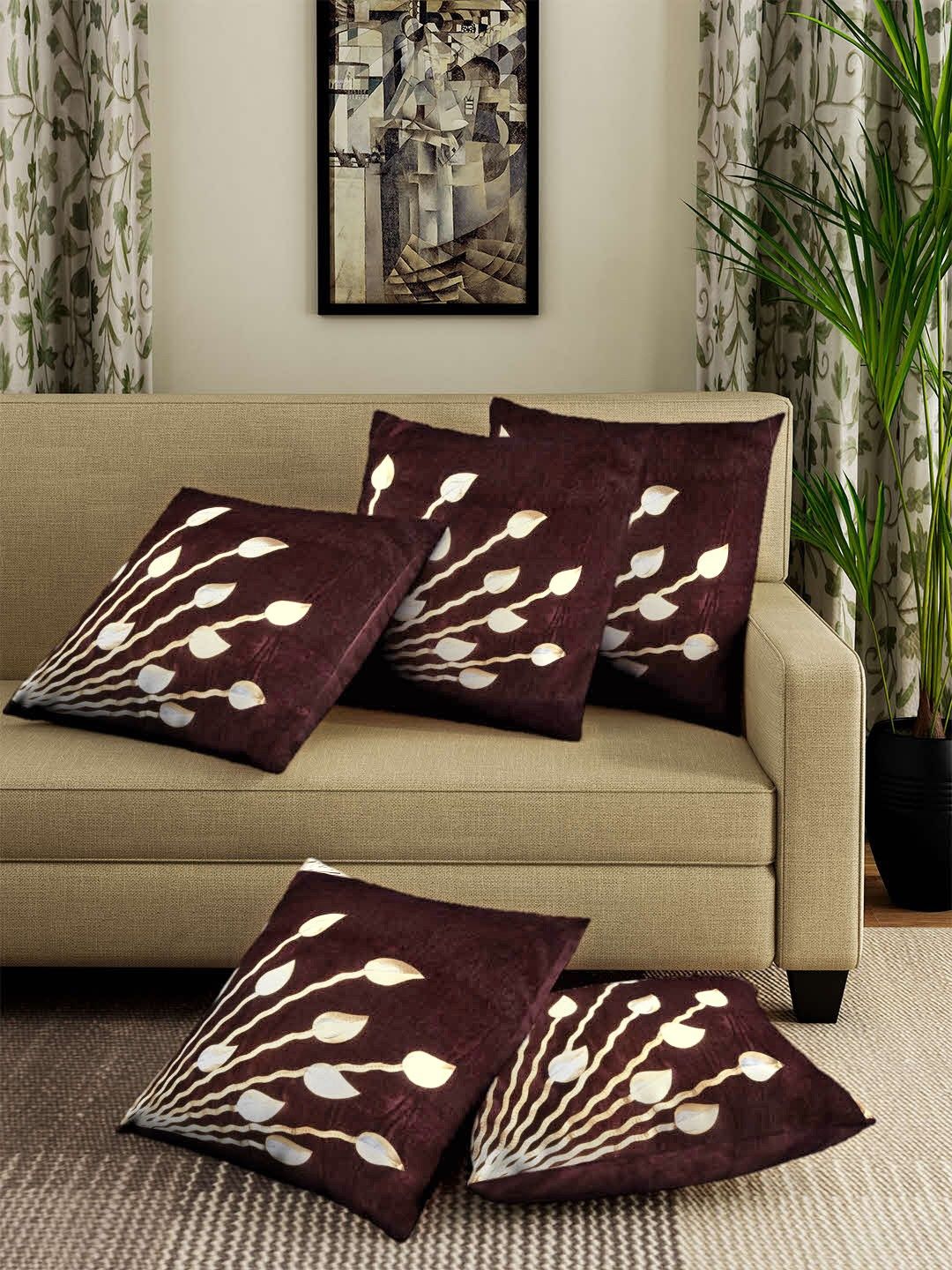 ROMEE Brown Set of 5 Floral Square Cushion Covers Price in India