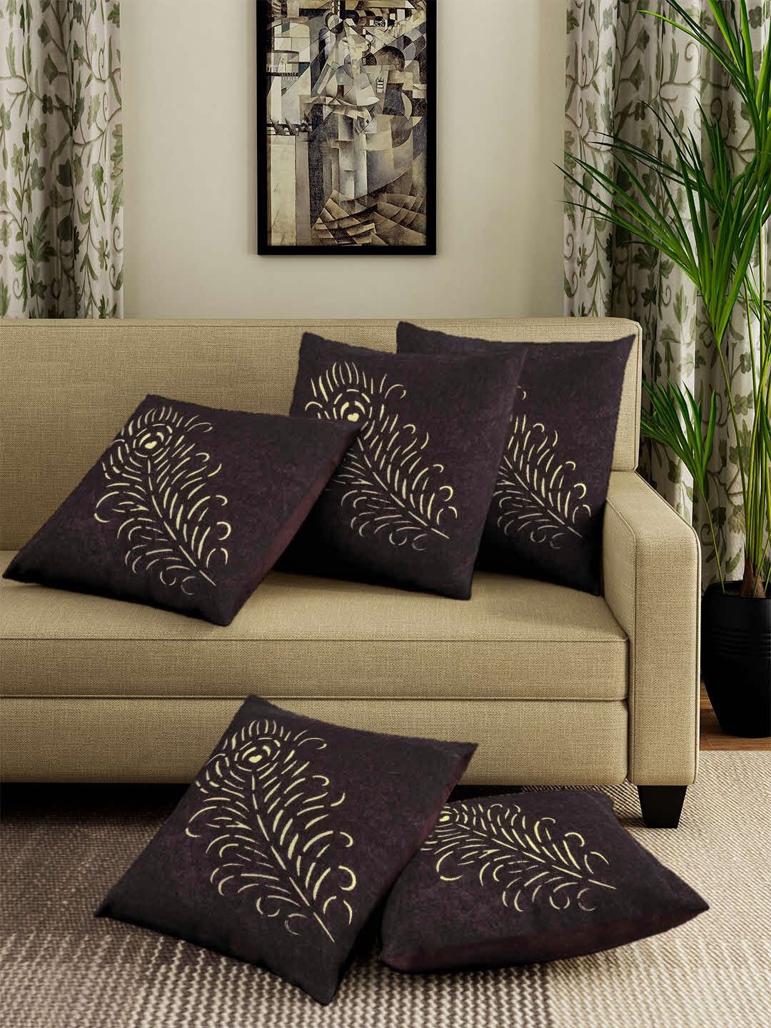 ROMEE Brown Set of 5 Ethnic Motifs Square Cushion Covers Price in India