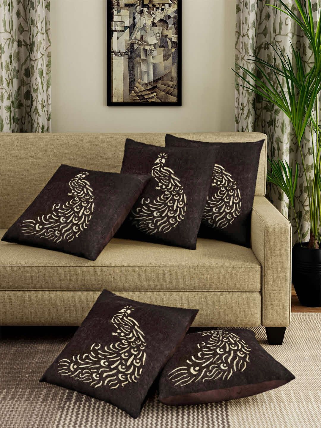 ROMEE Brown Set of 5 Ethnic Motifs Square Cushion Covers Price in India