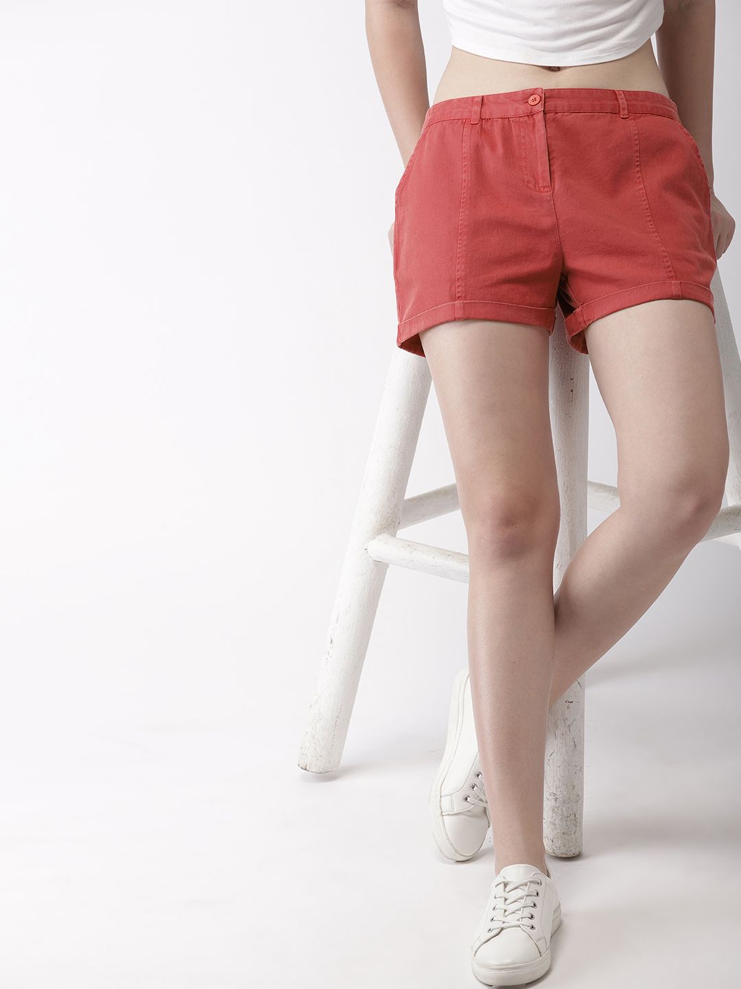 Mast & Harbour Women Red Solid Regular Fit Chino Shorts