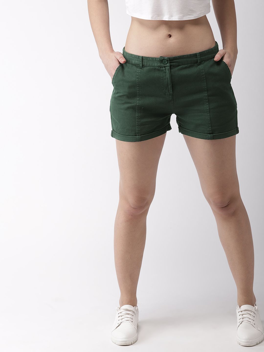 Mast & Harbour Women Green Solid Regular Fit Chino Shorts