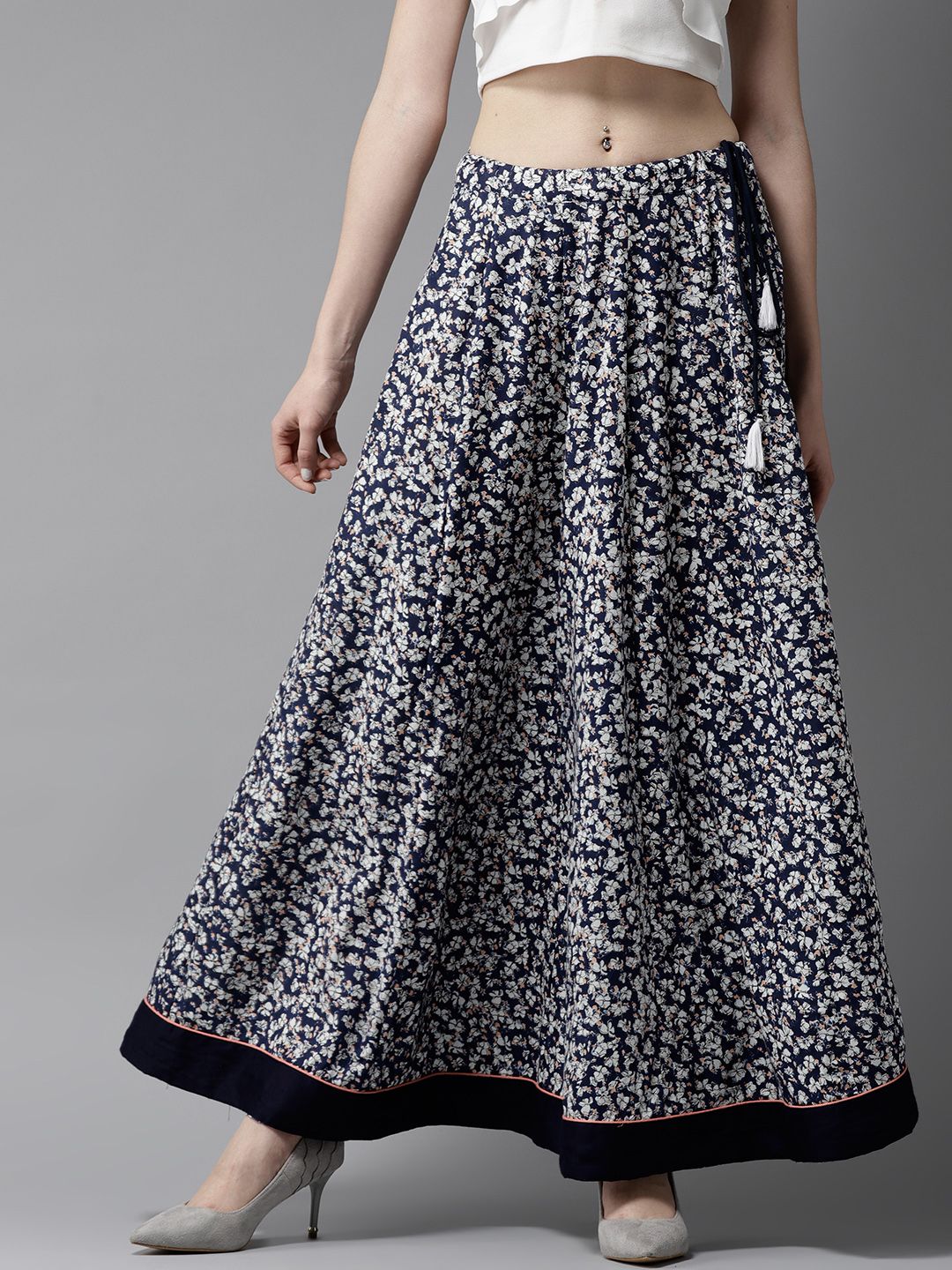 HERE&NOW Navy Blue & White Floral Print Maxi Flared Skirt