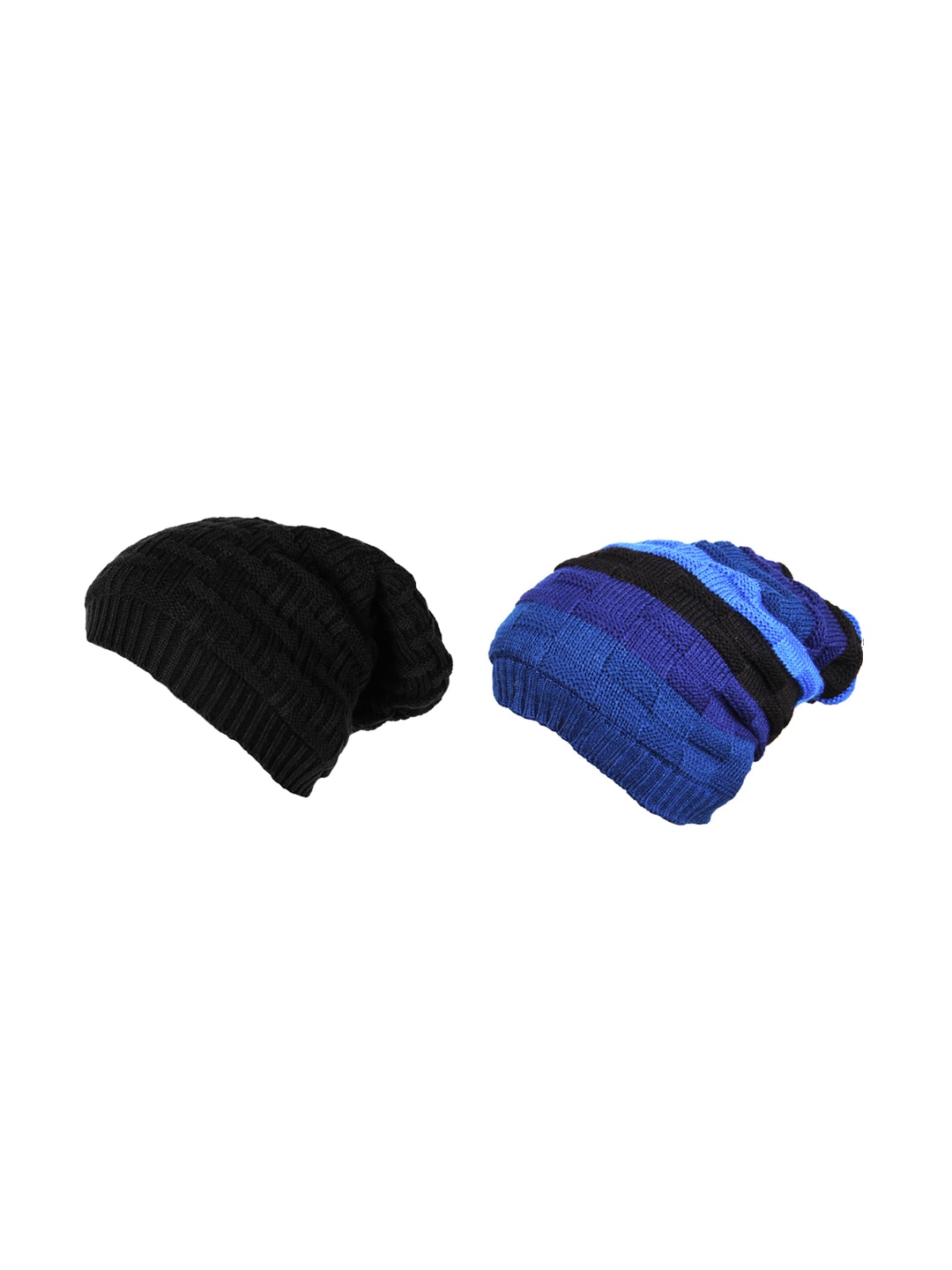 Knotyy Pack of 2 Unisex Blue & Black Colourblocked Beanie Price in India
