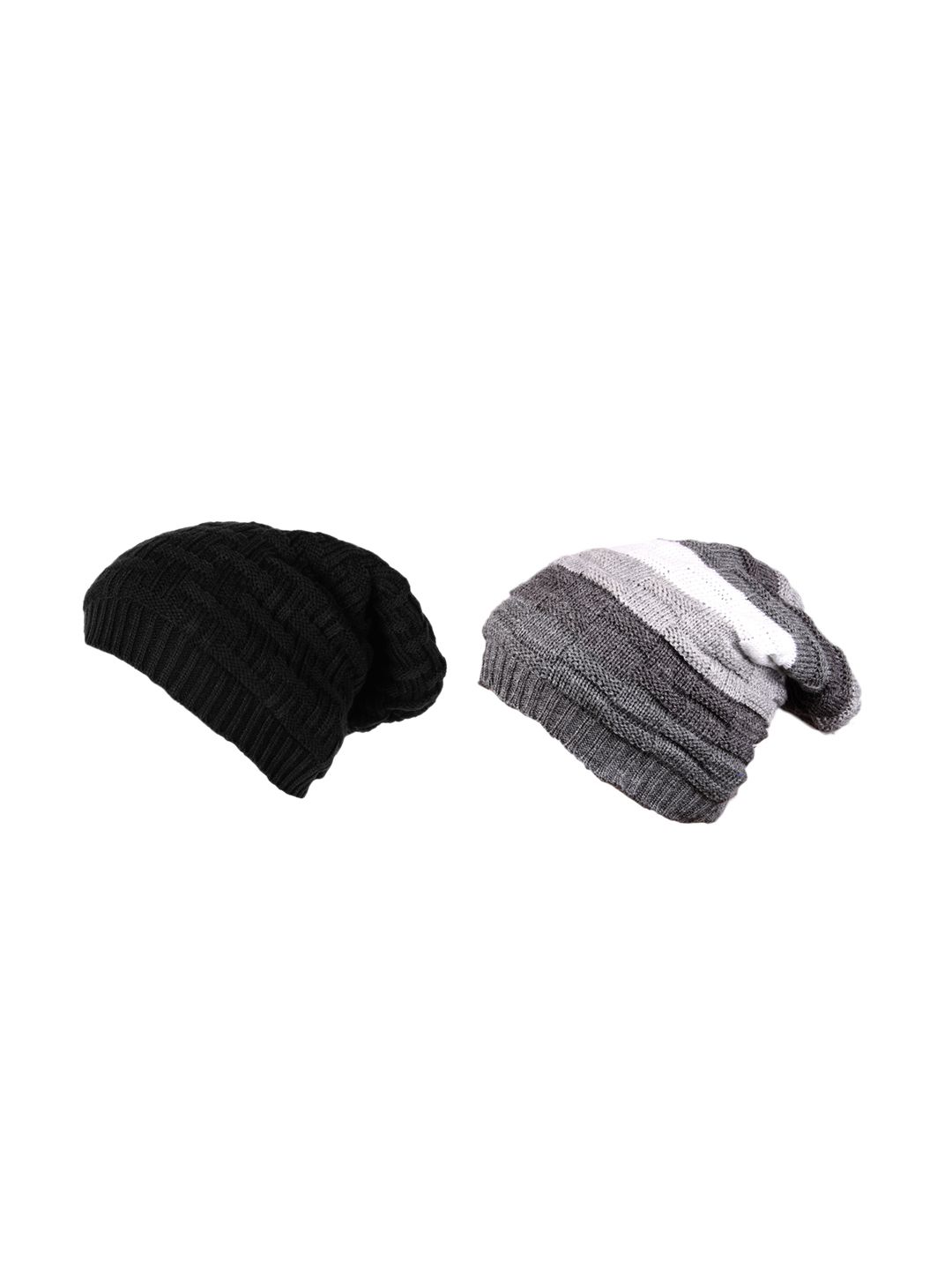 Knotyy Pack of 2 Unisex Black & Grey Colourblocked Beanie Price in India