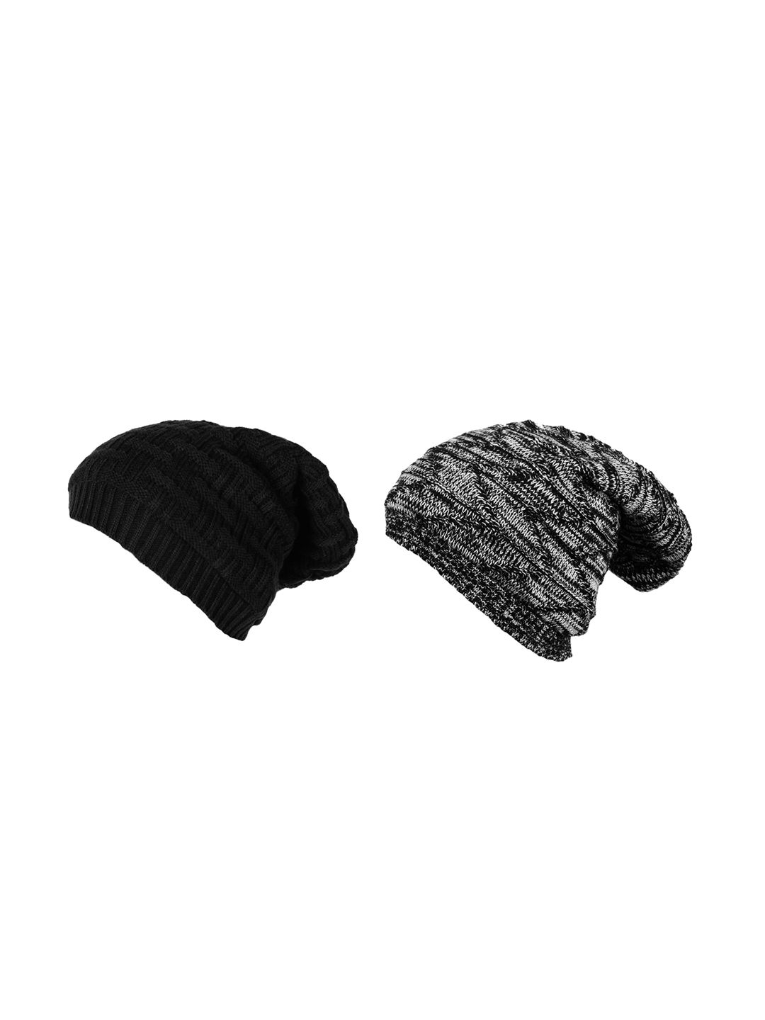 Knotyy Pack of 2 Unisex Black & Grey Colourblocked Beanie Price in India