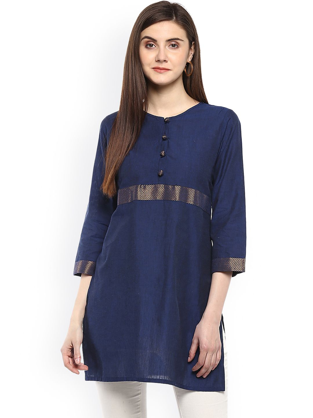 Bhama Couture Women Blue Handloom Mangalgiri Solid Tunic Price in India