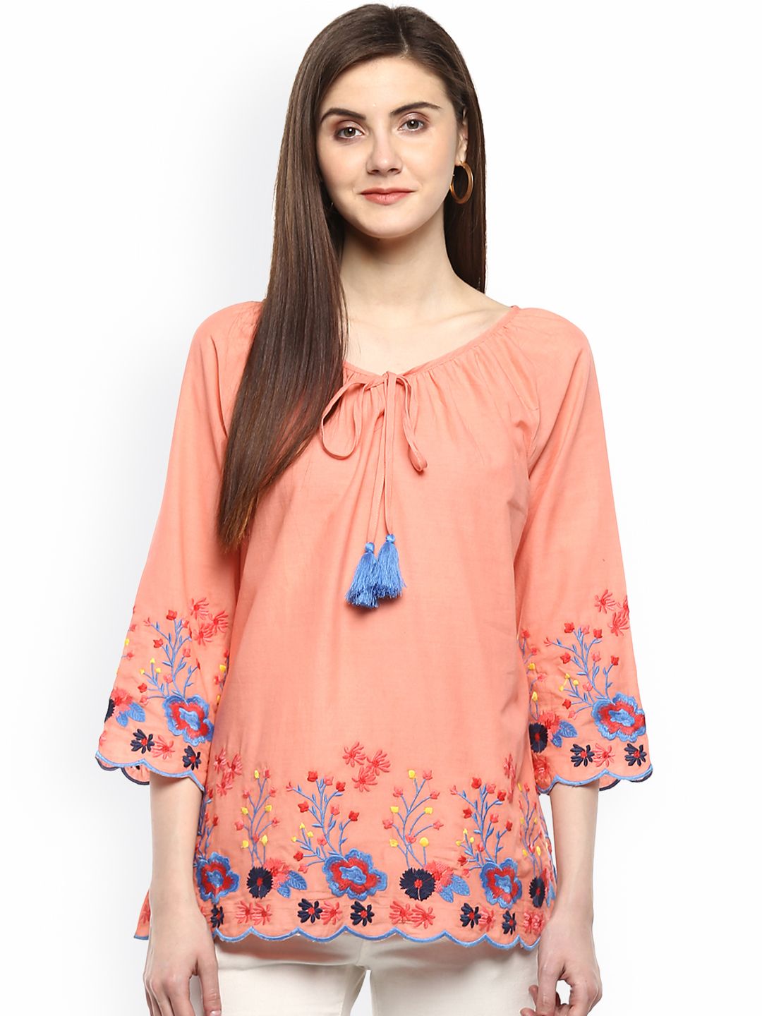 Bhama Couture Women Peach-Coloured Printed A-Line Top