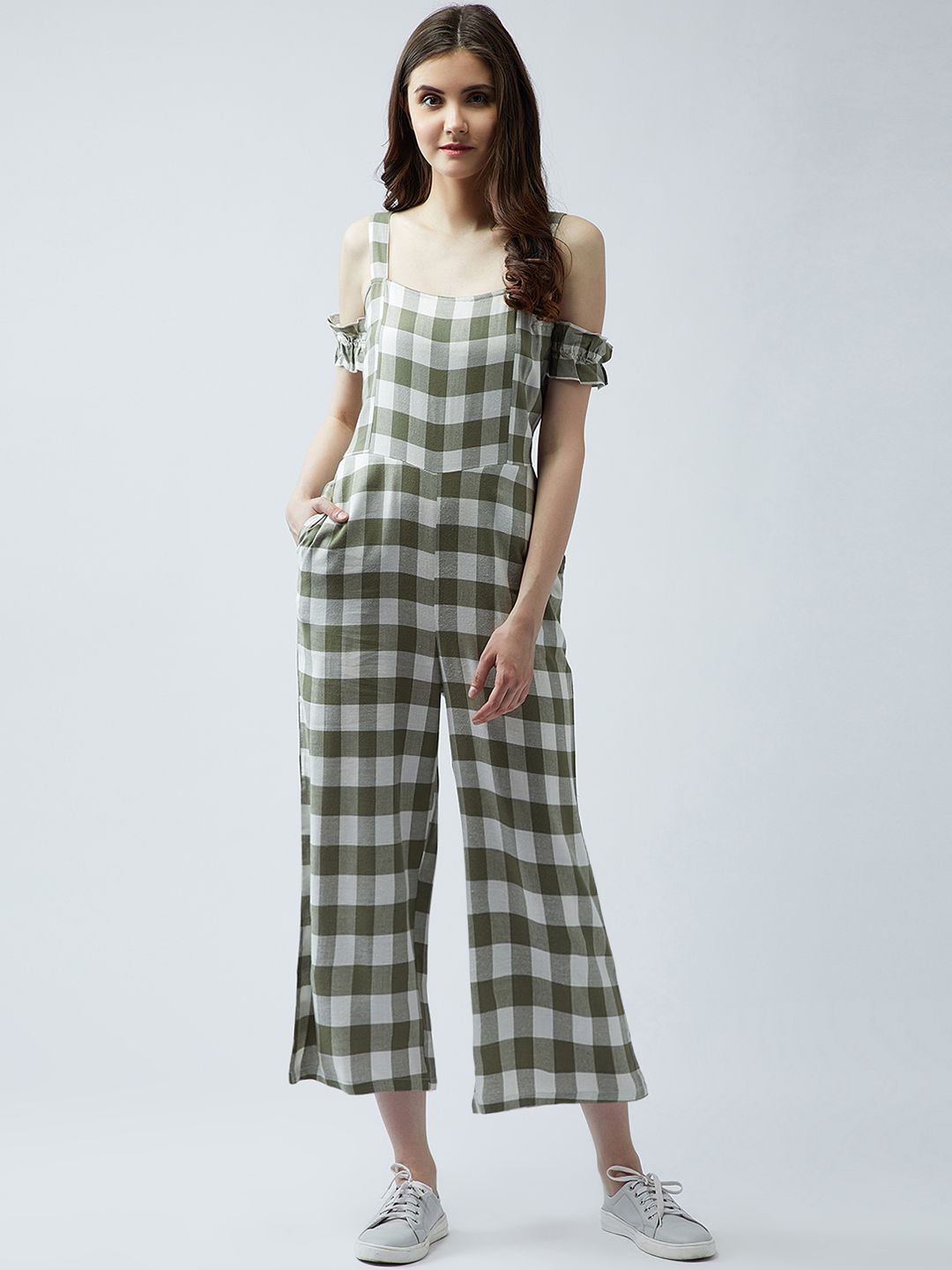 MAGRE Olive Green Checked Basic Jumpsuit Price in India