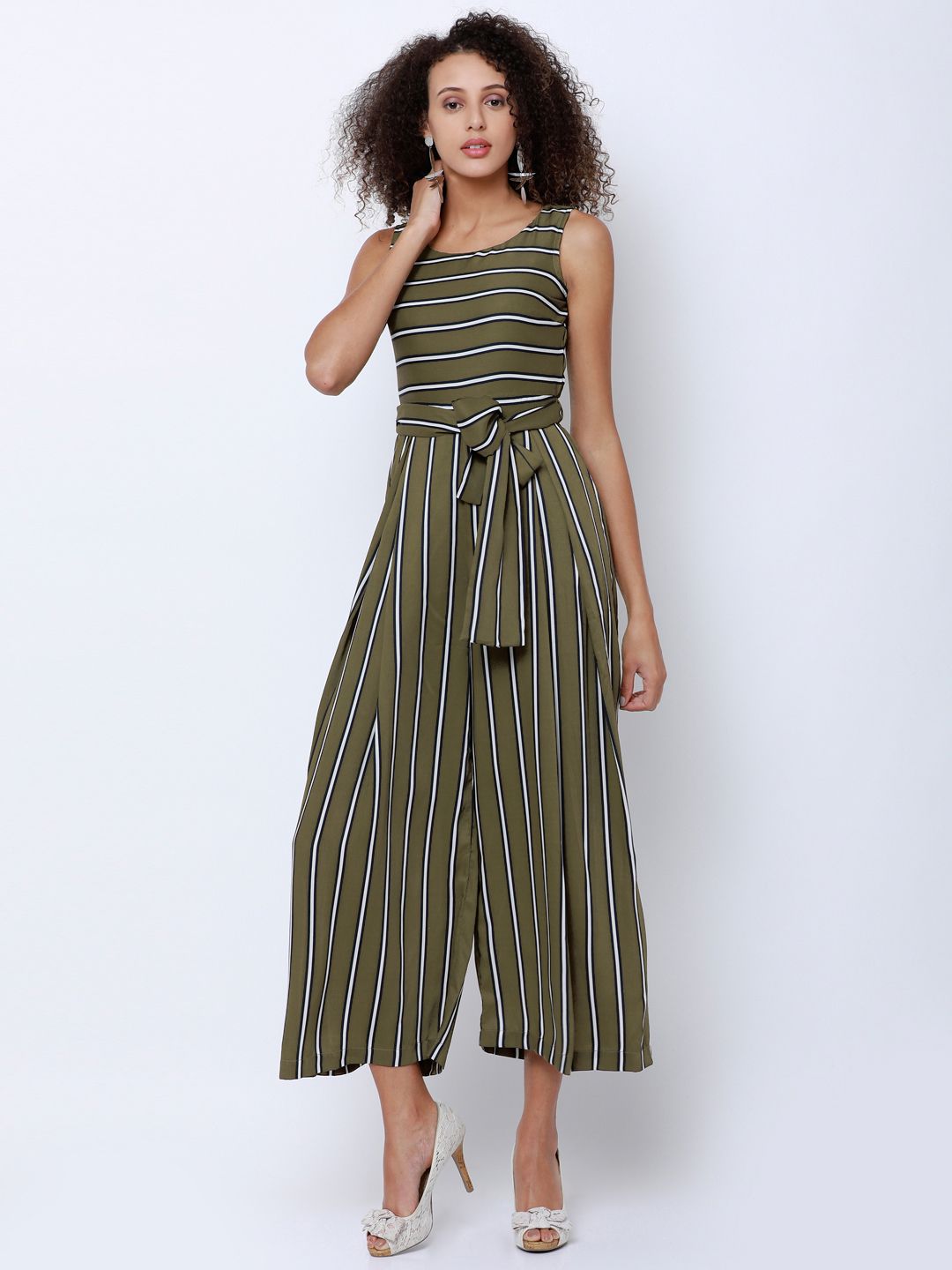 Tokyo Talkies Olive Green & White Striped Culotte Jumpsuit Price in India